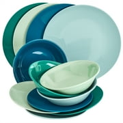 Tabletops Gallery 12 Piece Green Teal Blue Melamine Dinnerware Set Plates Bowls for Indoor/Outdoor Use, Service for 4, Peacock